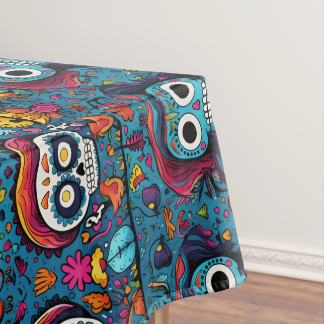 Mantel Dia de Muertos, patrón de cráneos azucareros (In Situ)