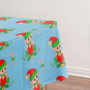 Mantel Duende de Navidad y bastón de caramelo sobre azul