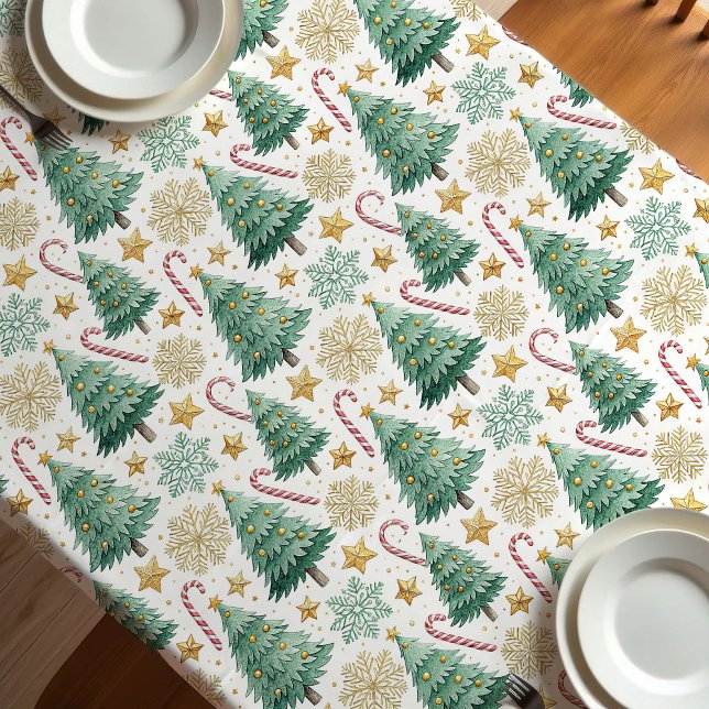 Mantel Elegant Christmas trees red green gold tablecloth (Elegant Christmas trees red green gold tablecloth)
