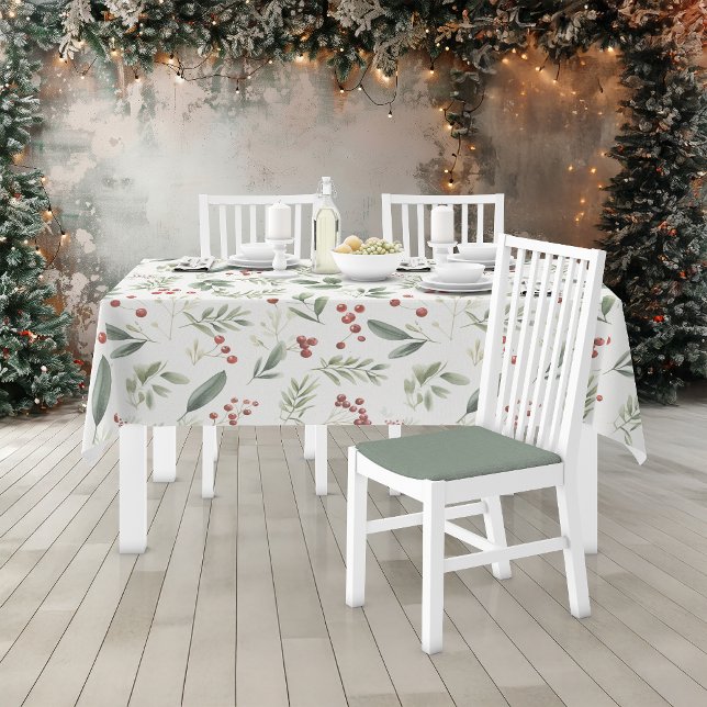 Mantel Elegant Watercolor Greenery & Red Berry Botanical (Elegant Watercolor Greenery & Red Berry Botanical Tablecloth)