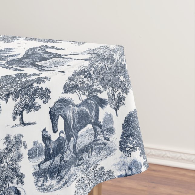 Mantel Elegante Blue White Rustic Horses Toile (In Situ)