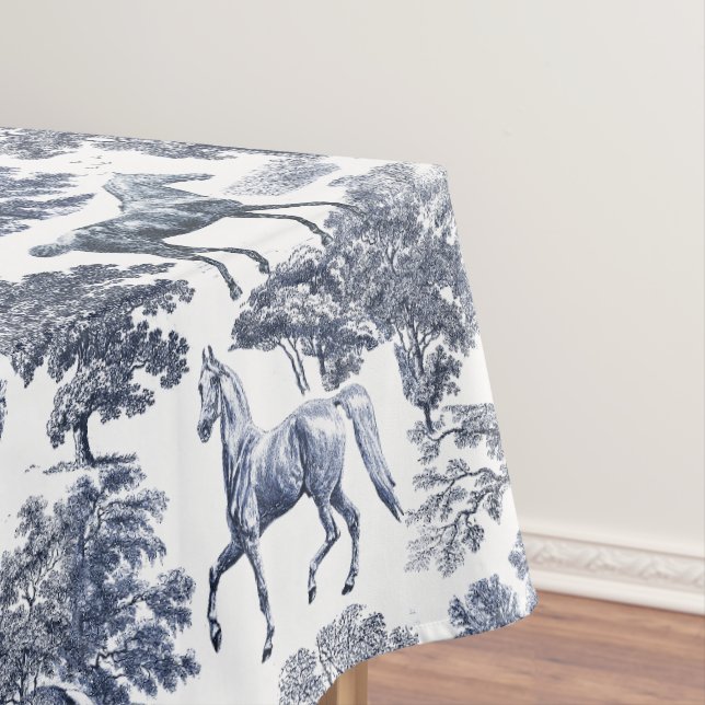 Mantel Elegante Blue White Rustic Horses Toile (In Situ)