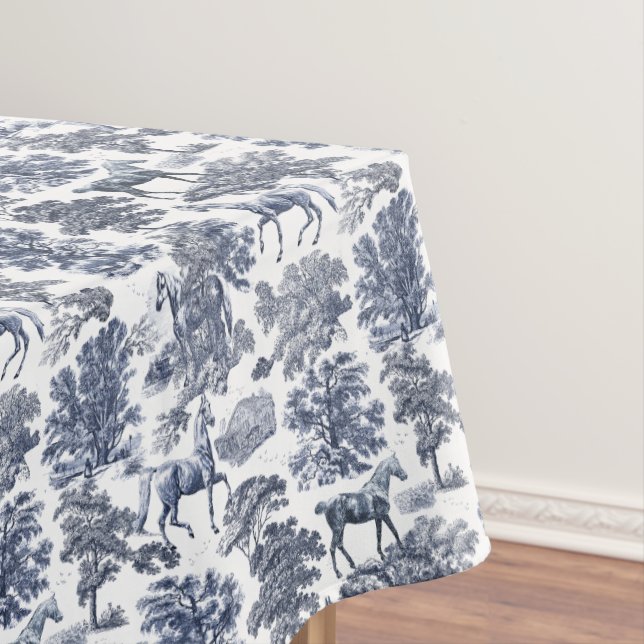Mantel Elegante Blue White Rustic Horses Toile (In Situ)