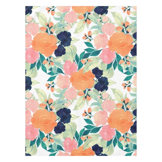 Mantel Elegante Naranja rosa azul Flores acuarela Floral (Anverso)