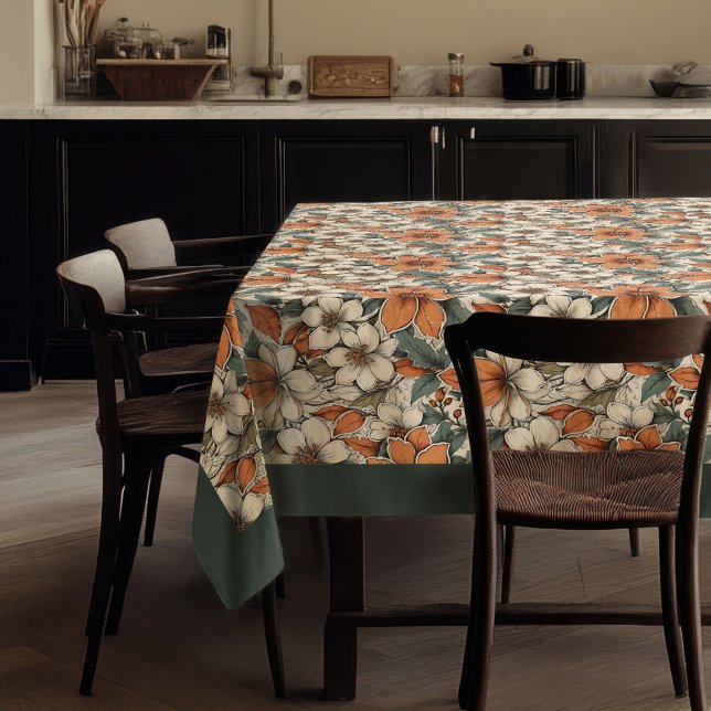 Mantel Elegante otoño flores blancas terracota verde past (Elegant fall terracotta white flowers pastel green tablecloth)