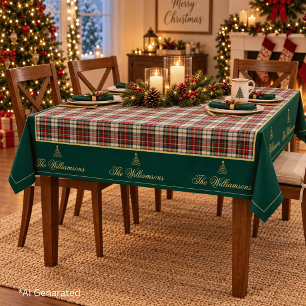 Mantel Elegante Tartán Verde Navidad Árbol Dorado Script