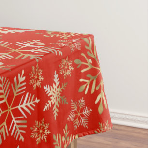 Mantel Elegantes Copos de Nieve Dorados Navidad Roja Lava