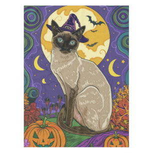 Mantel Espeluznante Gato Siamés Halloween Bruja Y Calabaz