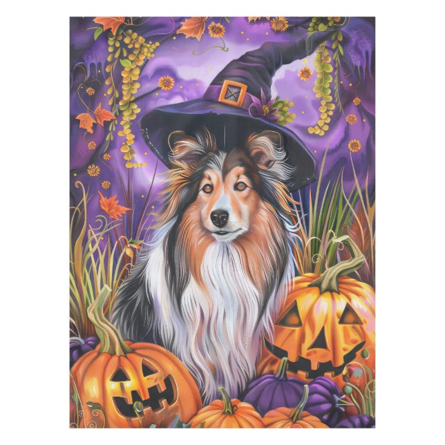 Mantel Espeluznante Shetland Sheepdog Halloween Witch Pum (Anverso)
