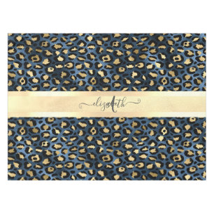 Mantel Estampado de Leopardo Azul Monograma Dorado