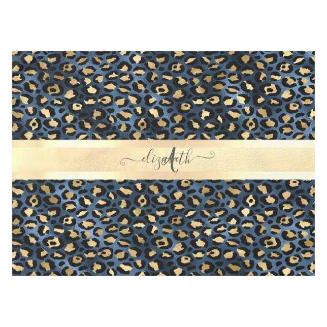 Mantel Estampado de Leopardo Azul Monograma Dorado (Frente (Horizontal))