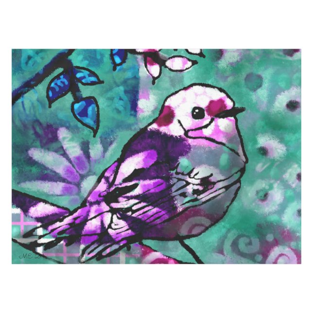 Mantel Extracto De Extracto Ave Floral Verde azulada Púrp (Frente (Horizontal))