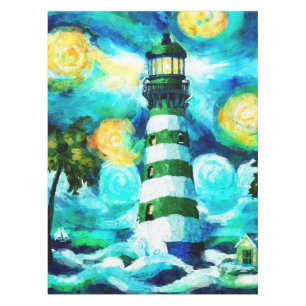 Mantel Faro tropical y palmeras Azul verde Verde azulado