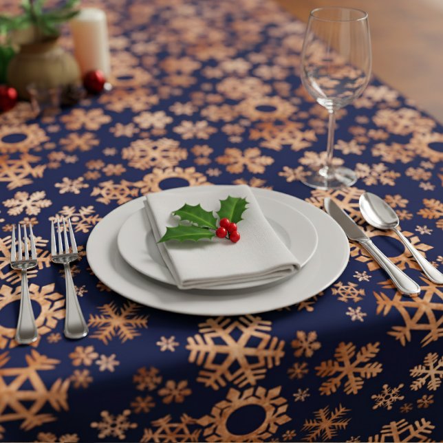 Mantel Faux Copper Snowflakes Navy Blue Tablecloth (Looking for an alternative for your festive table? How about Navy Blue and Copper Snowflakes?)