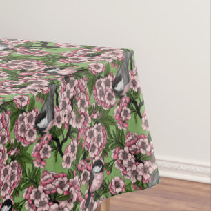 Mantel Flor de cerezo y carboneros sobre verde