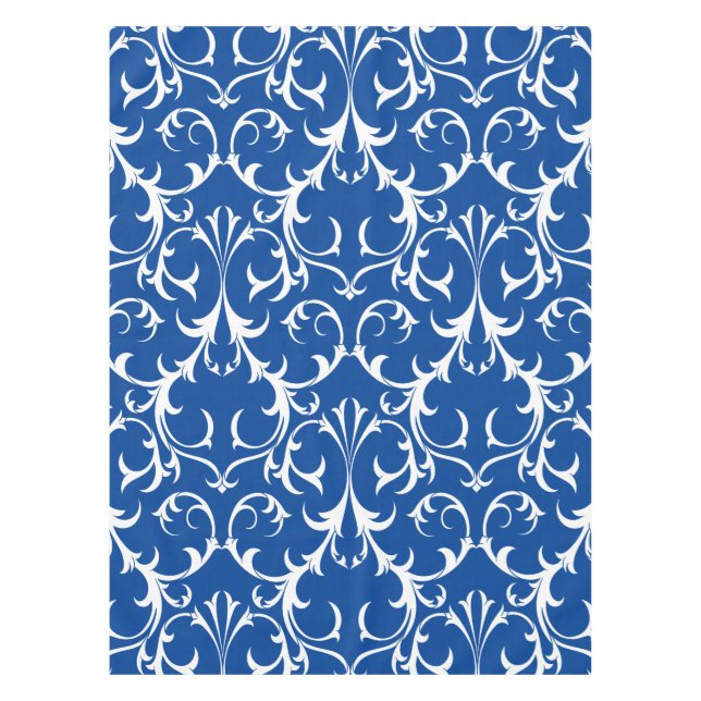 Mantel Flor de Damasco azul profundo y blanco clásico (Anverso)
