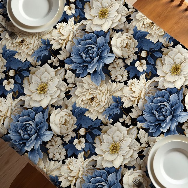 Mantel Floral Azul Blanco Marfil Premium (Premium Blue White Ivory Floral Tablecloth)