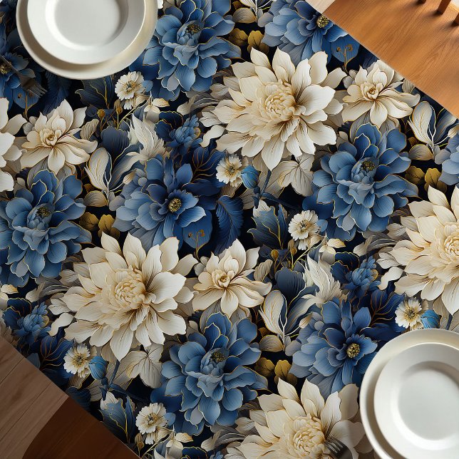 Mantel Floral Blanco Marfil Azul de Lujo Suave (Luxury Blue White Ivory Floral Soft Tablecloth)