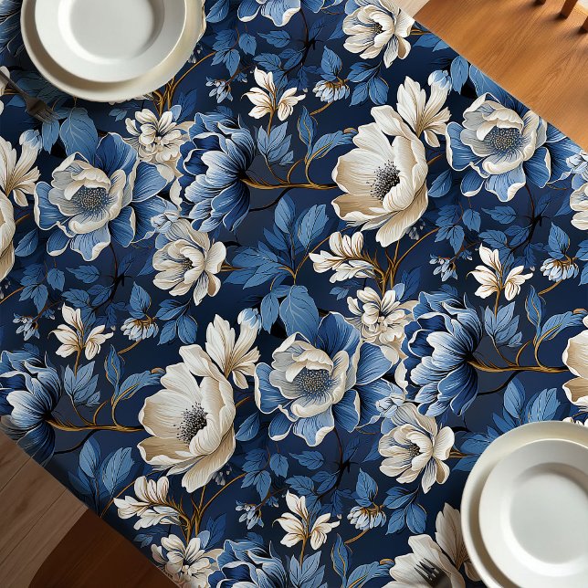 Mantel Floral de Marfil Azul Elegante (Beautiful Blue Ivory Floral Elegant Tablecloth)