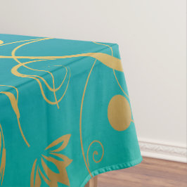 Mantel Floral Dorado sobre Fondo Gradiente Verde y Azul