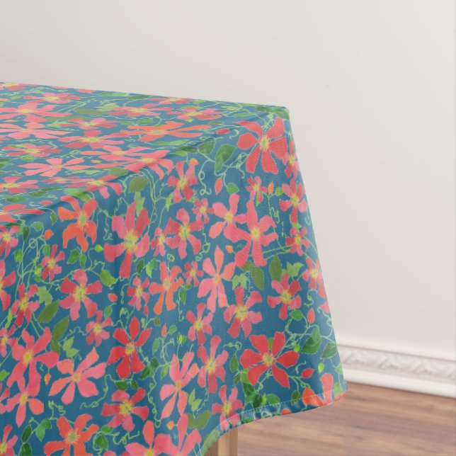 Mantel Floral rosa, roja, Naranja clematis sobre azul pro (In Situ)