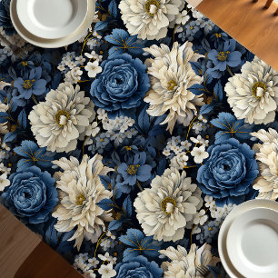 Mantel Floral Rosas Marfil Azul Diseñador Chic