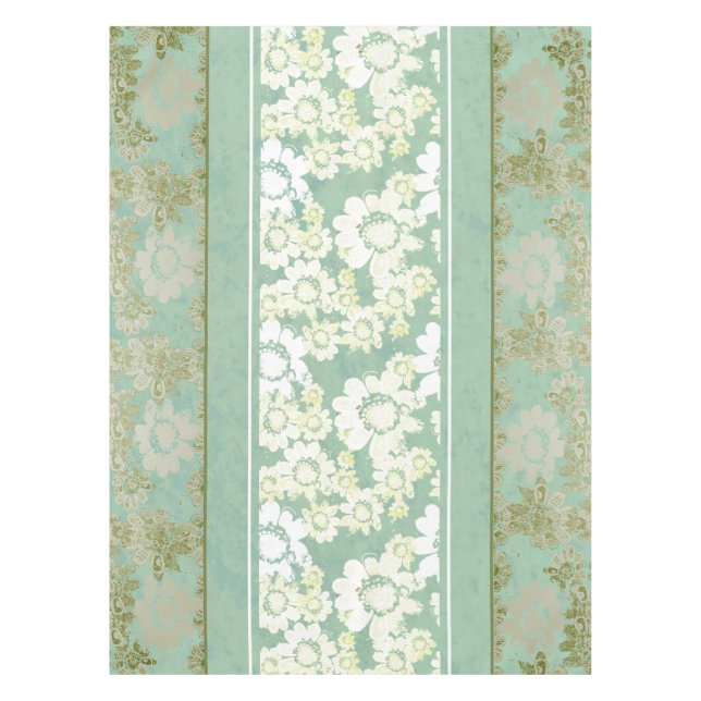 Mantel Floral verde del mar blanco antiguo de encaje (Anverso)