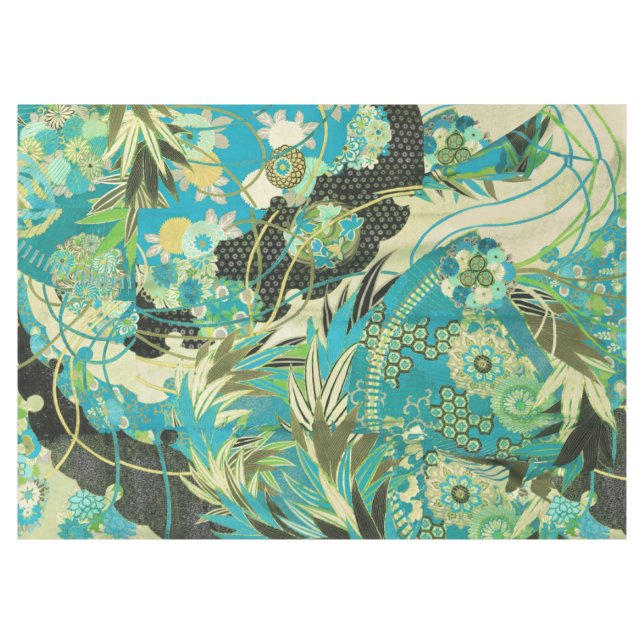 Mantel FLORES ANTIGUOS JAPONESES Aqua Blue Green Floral (Frente (Horizontal))