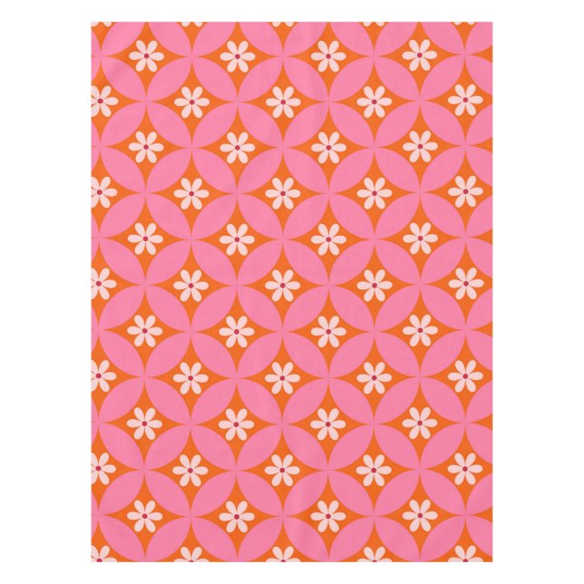 Mantel Flores blancas sobre patrón de círculos rosados de (Anverso)