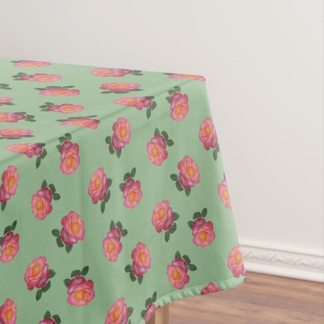Mantel Flores de rosa rosadas sobre verde claro (In Situ)