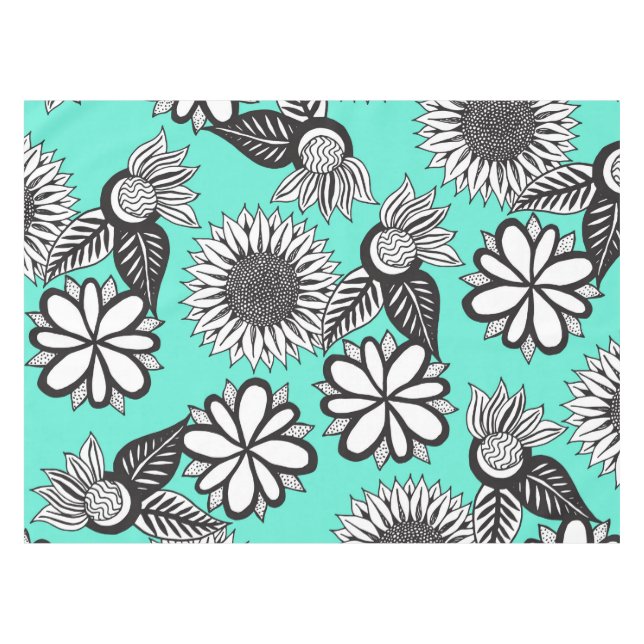Mantel Flores dibujadas mano bohemia blanca negra en (Frente (Horizontal))