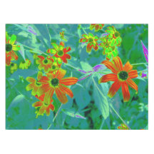 Flores rojas y amarillas trippy en azul retro