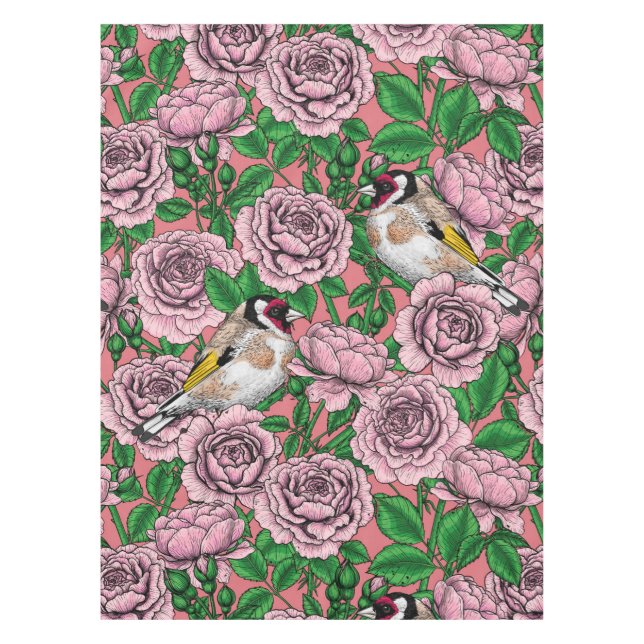 Mantel Flores rosa y pájaros dorados (Anverso)