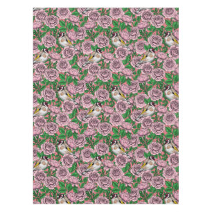 Mantel Flores rosa y pájaros dorados