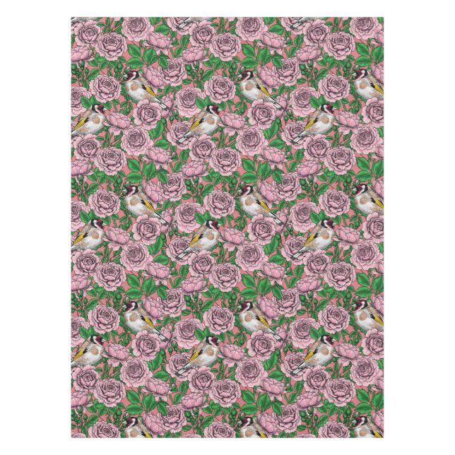 Mantel Flores rosa y pájaros dorados (Anverso)
