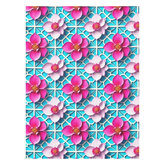 Mantel Flores rosadas sobre un fondo azul geométrico (Anverso)