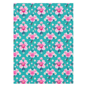 Mantel Flores rosadas y hojas sobre fondo azul turquesa