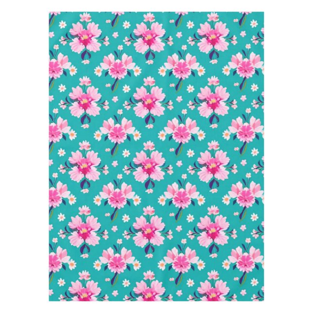 Mantel Flores rosadas y hojas sobre fondo azul turquesa (Anverso)