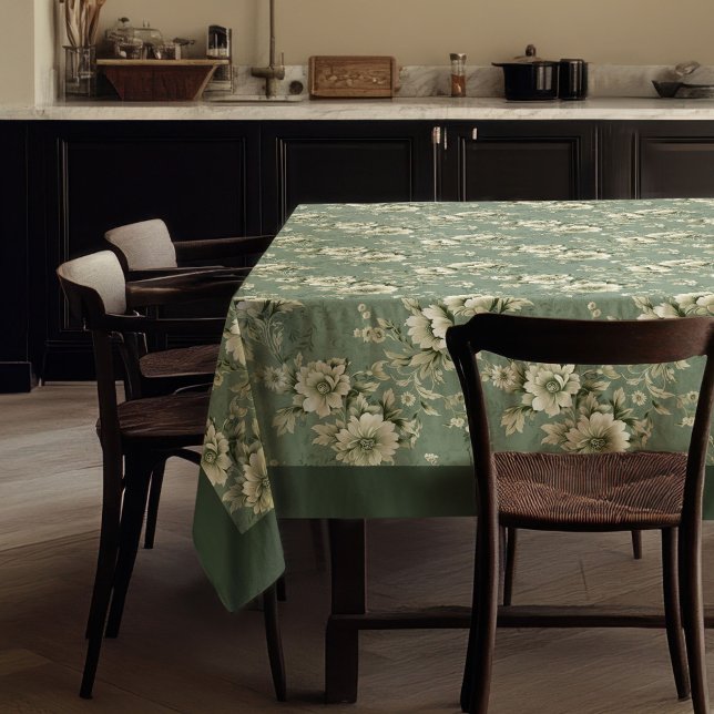 Mantel Flores verdes y blancas pastel de moda (Trendy vintage soft pastel green and white flowers tablecloth)