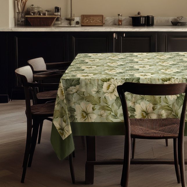 Mantel Flores verdes y blancas pastel de moda (Trendy vintage soft pastel green and white flowers tablecloth)