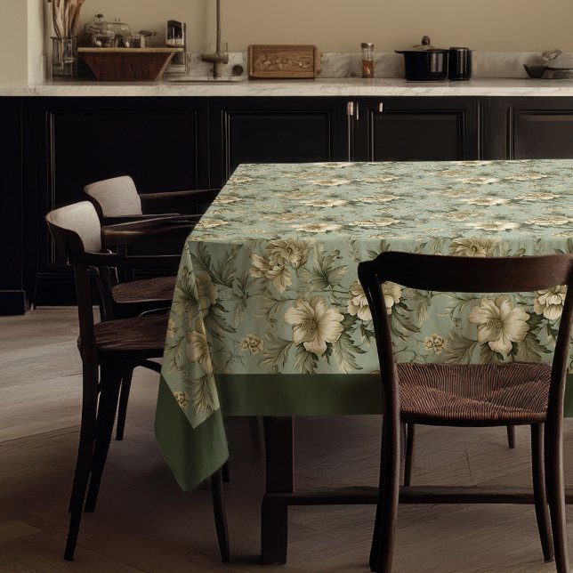 Mantel Flores verdes y doradas añejos y encantadoras (Charming vintage dusty green and gold flowers tablecloth)
