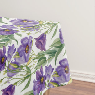 Mantel Flores violetas púrpuras de lino y hojas verdes