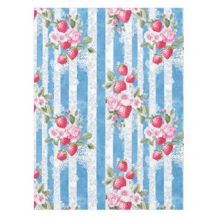 Mantel Fresas y flores antiguas en franjas azules