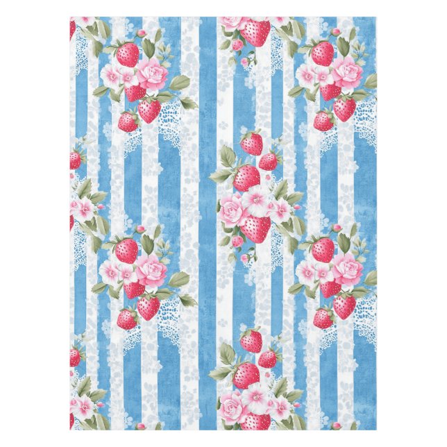 Mantel Fresas y flores antiguas en franjas azules (Anverso)