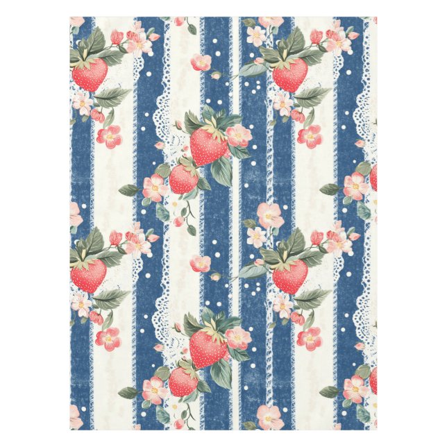 Mantel Fresas y flores antiguas en franjas azules (2) (Anverso)