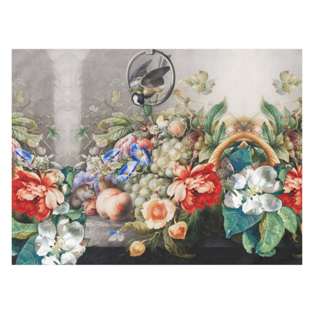 MANTEL FRUTOS, FLORES, TUMBONAS, PAREDES Y PÁJARO PEQUEÑO (Frente (Horizontal))