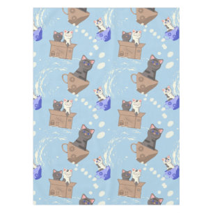 Mantel Gatos en caja y gotas de leche en azul