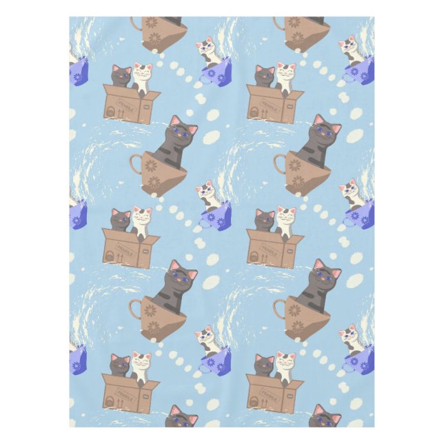 Mantel Gatos en caja y gotas de leche en azul (Anverso)