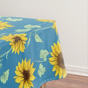 Mantel girasoles amarillos verdes hojas fondo azul