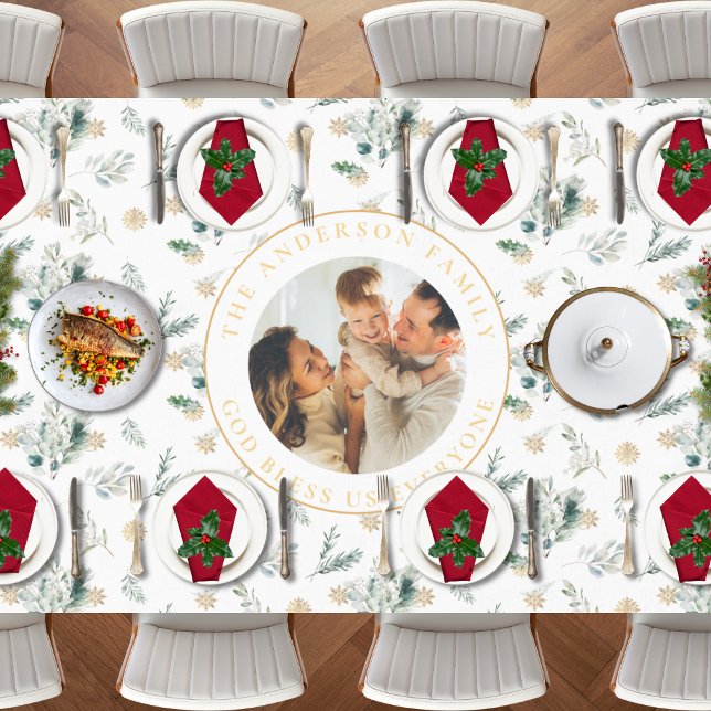 Mantel Gloria a Dios Biblia Verse Navidades Verdor vegeta (Religious Christmas tablecloth with Glory to God Bible verse, family photo and winter greenery)